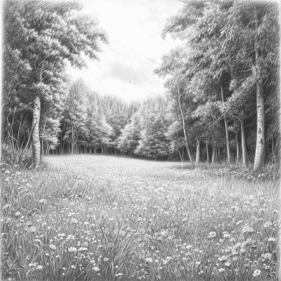Schöne Zeichnungen mit Bleistift von einer Wiese im Wald (NF)