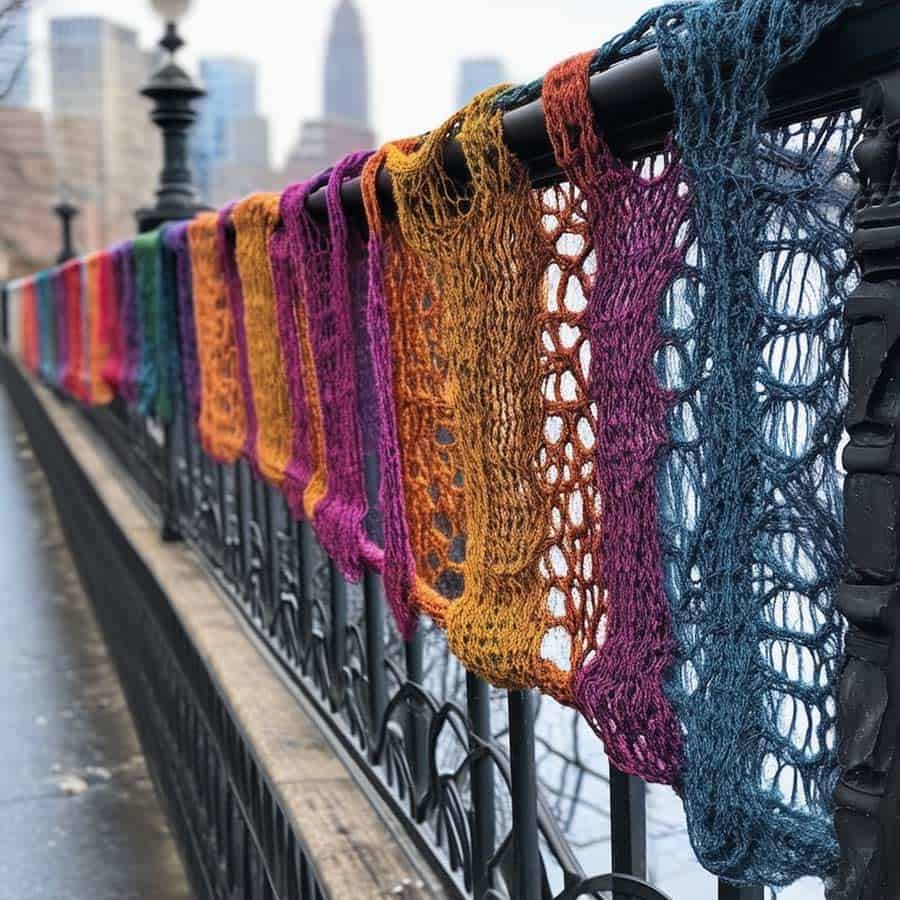 Guerilla Knitting um Brückengeländer als Kunst im öffentlichen Raum (NF) Guerilla Knitting um Brückengeländer als Kunst im öffentlichen Raum (NF)