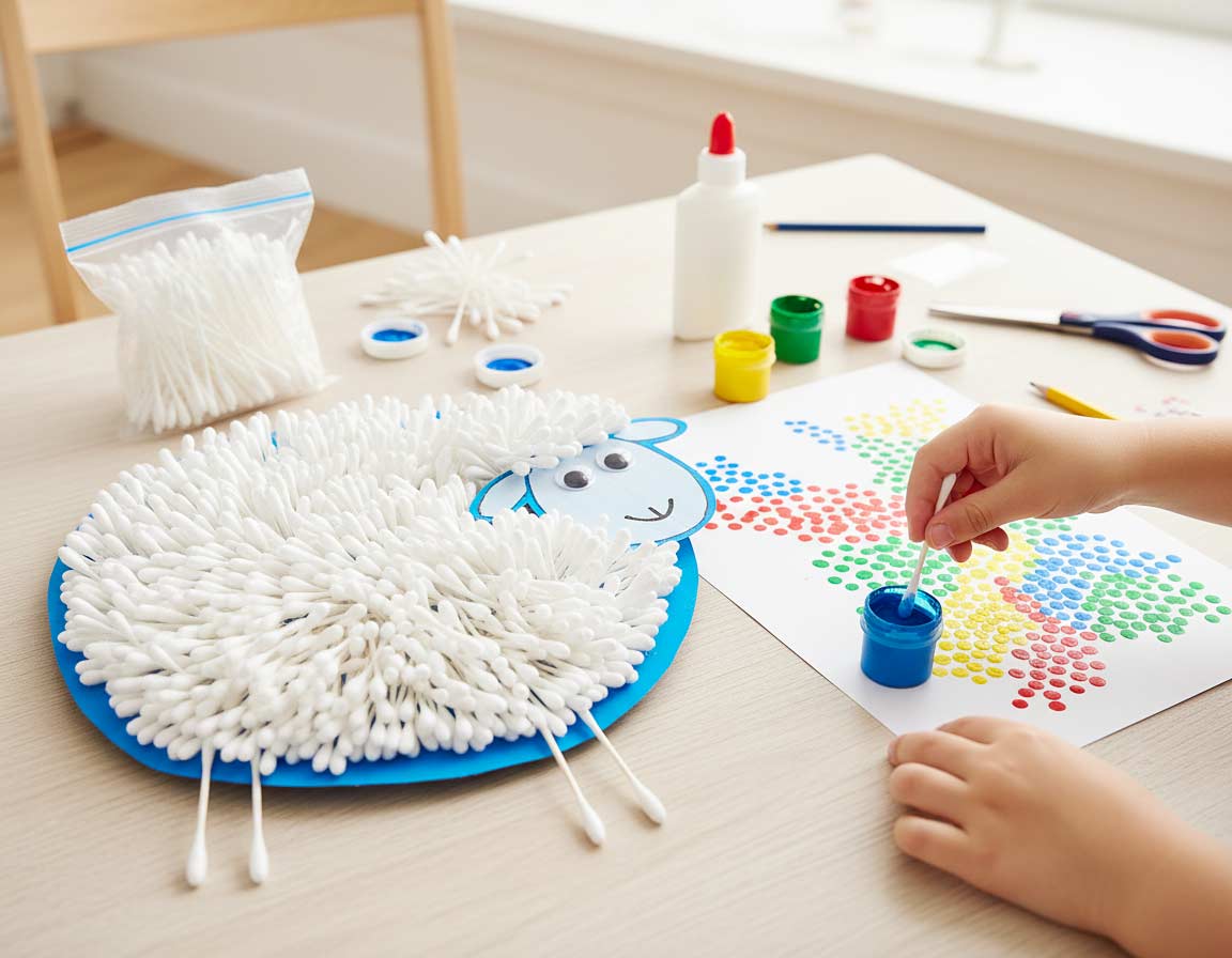 Schaf basteln mit Ohrstäbchen Schaf basteln mit Ohrstäbchen