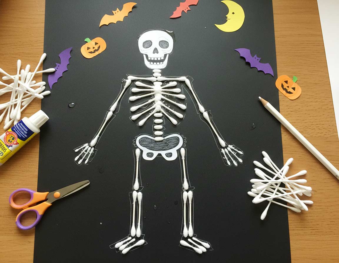 Skelett basteln mit Wattestäbchen Skelett basteln mit Wattestäbchen