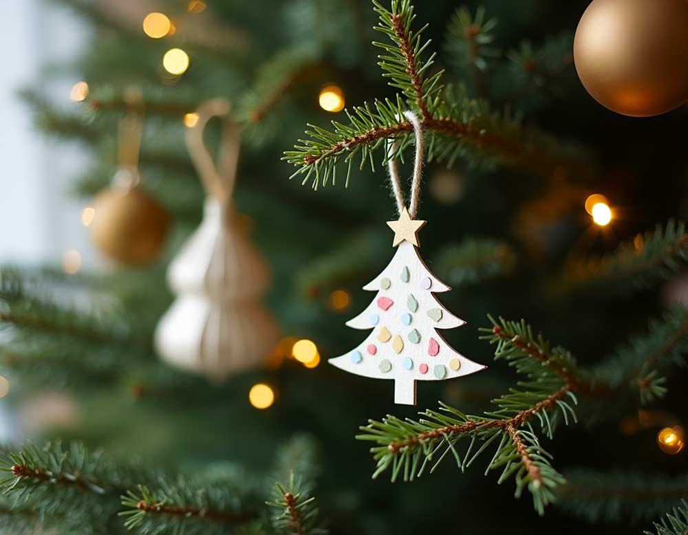 Weihnachtsbaum mit selbstgemachten Baumanhängern Weihnachtsbaum mit selbstgemachten Baumanhängern