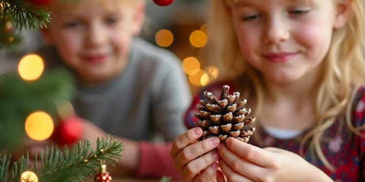 Weihnachtsbaumschmuck-Anhänger aus Tannenzapfen mit Kindern basteln