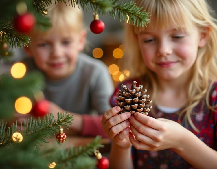 Weihnachtsbaumschmuck-Anhänger aus Tannenzapfen mit Kindern basteln