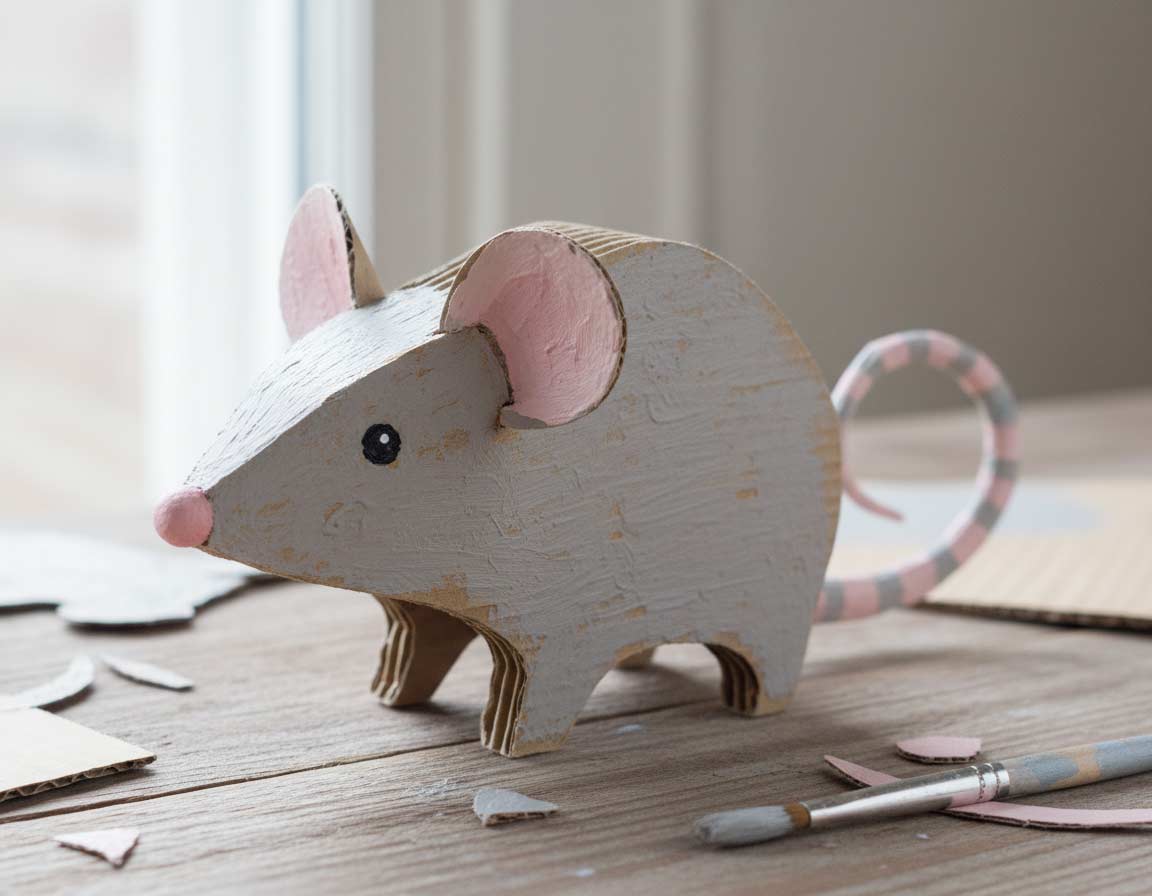 Gebastelte Maus aus Pappe und Karton grau rosa bemalt Gebastelte Maus aus Pappe und Karton grau rosa bemalt