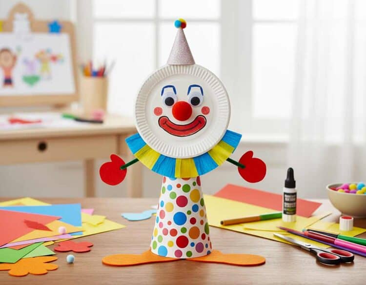 Clown basteln mit weißen Pappteller