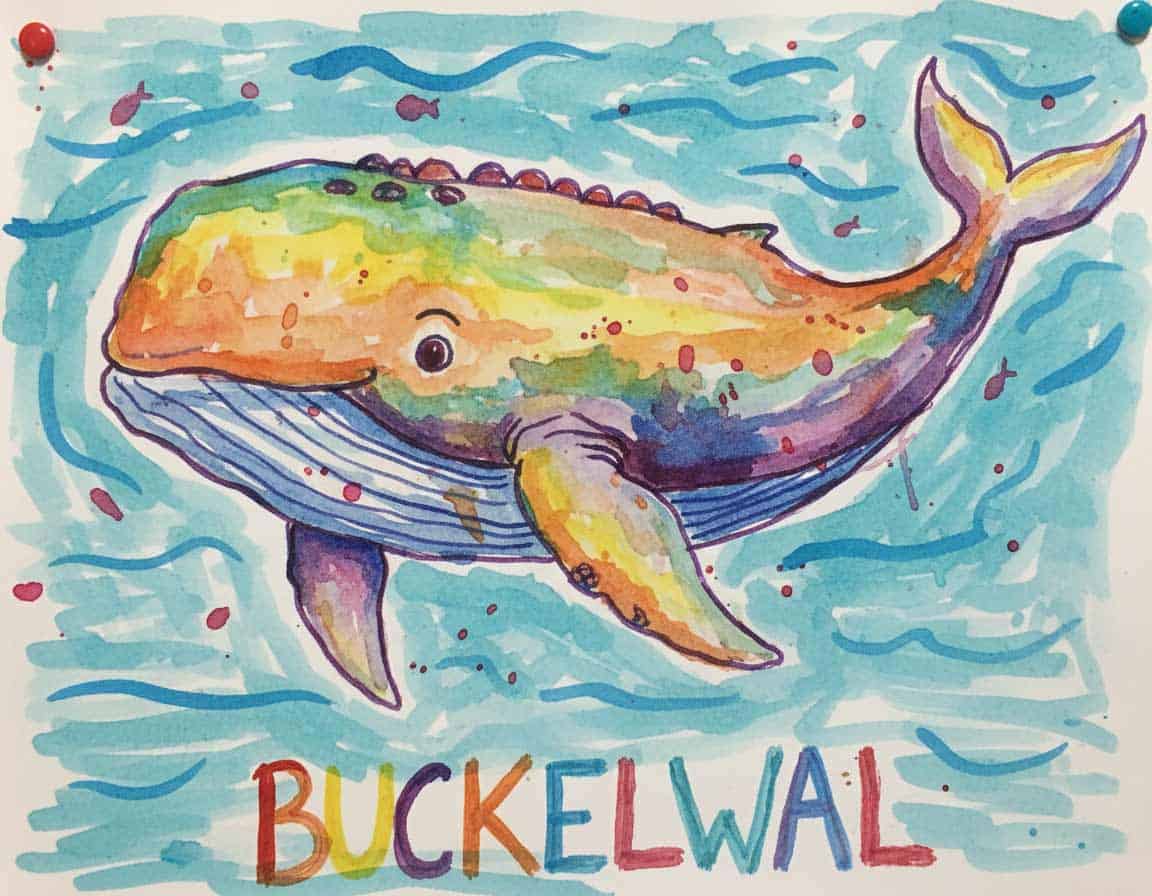 Kindermalerei vom Buckelwal mit bunten Kindertuschefarben Kindermalerei vom Buckelwal mit bunten Kindertuschefarben