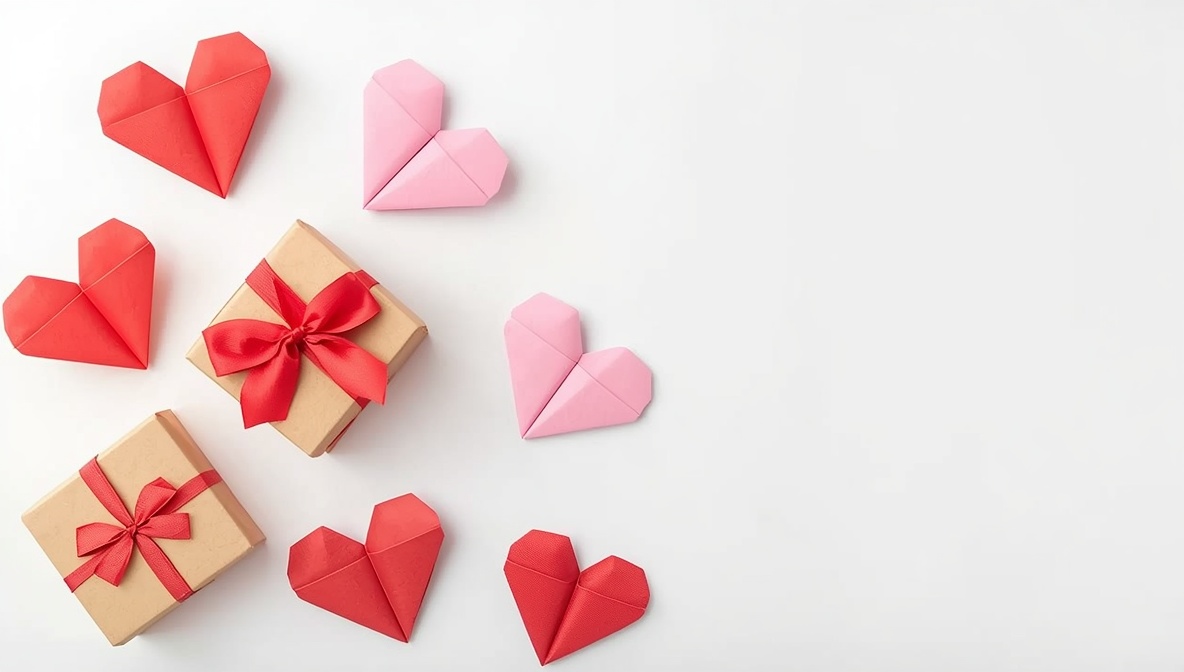 Mehrere gefaltete Papierherzen in Rosa und Rot neben einer Geschenkbox