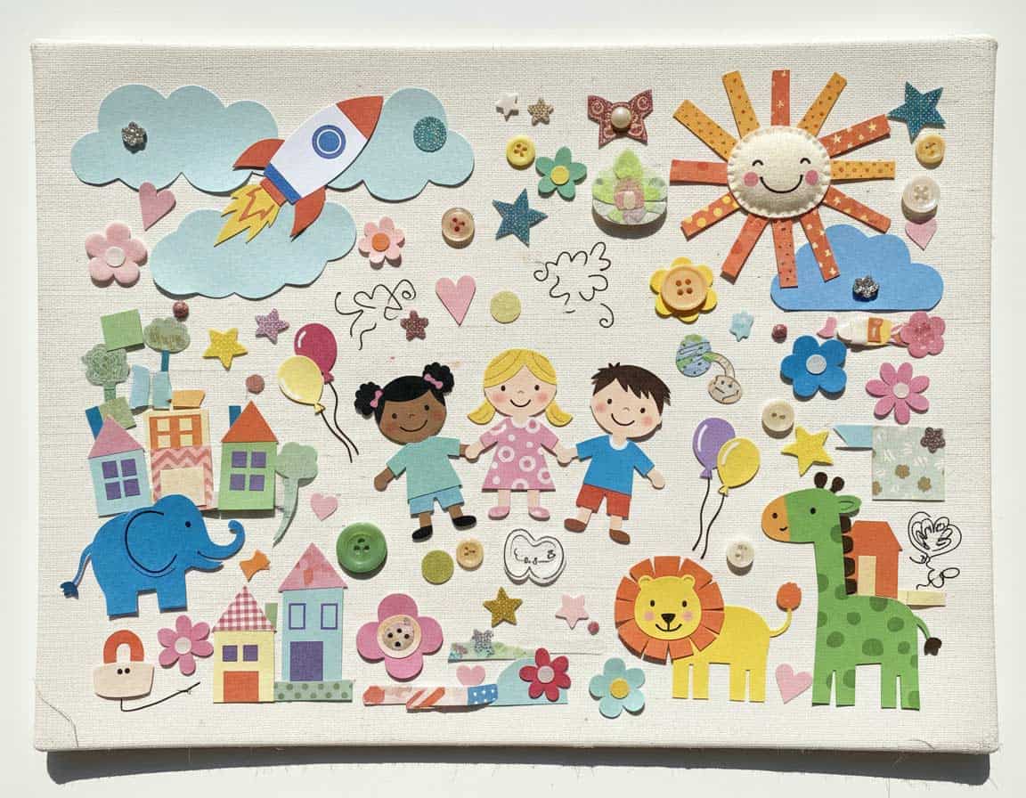 Bunte Collage von Kindern gebastel Bunte Collage von Kindern gebastel