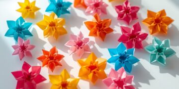 Origami Blume falten einfach – bunte Papierblüten auf hellem Tisch