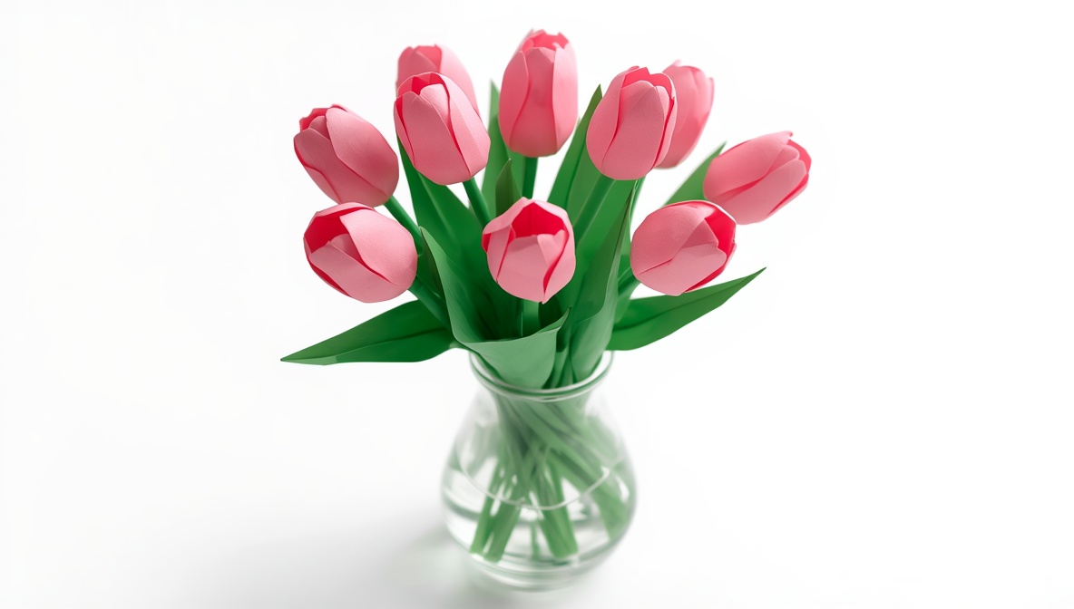 Gefaltete Origami-Tulpen aus rosafarbenem Papier mit grünen Stielen in einer Vase