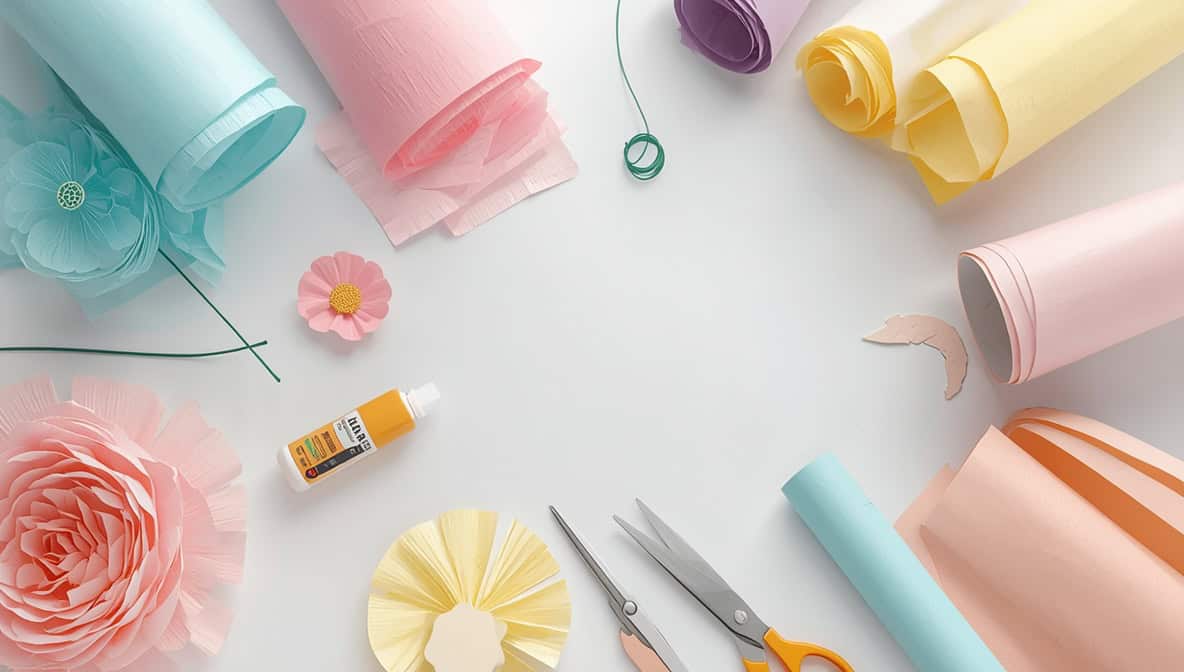 Papierblumen zum Aufhängen basteln – Materialien: Krepppapier, Draht, Schere