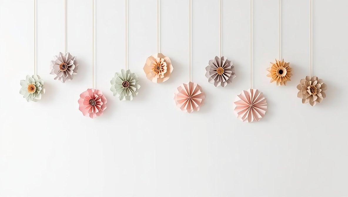 Papierblumen zum Aufhängen basteln – Arrangement in verschiedenen Höhen an weißer Wand