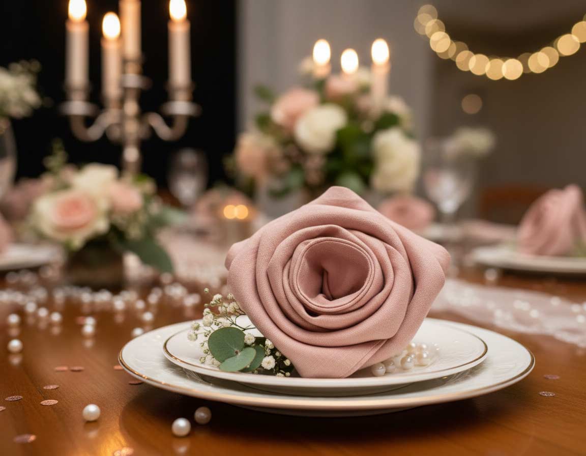 Servietten-Blume auf einer Hochzeitstafel Servietten-Blume auf einer Hochzeitstafel