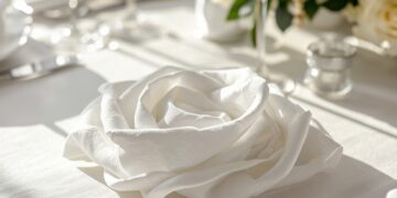 Servietten Blumen basteln für Hochzeit – zur Rose gefaltete Serviette auf festlicher Tafel