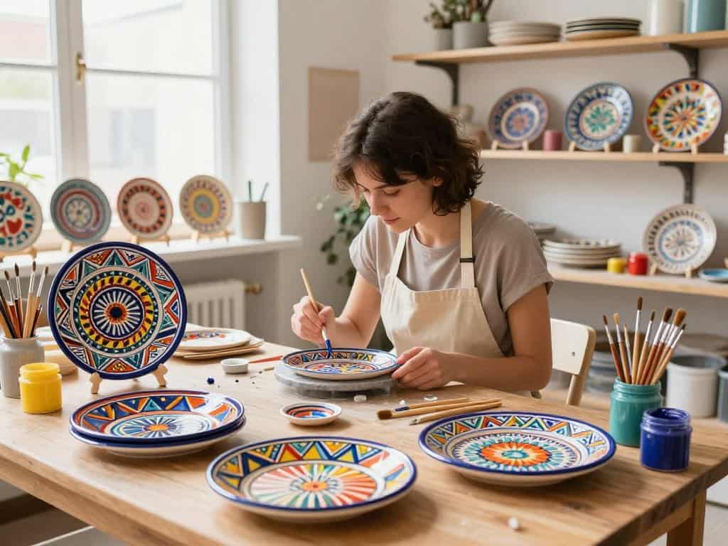 Tonteller bemalen mit geometrischen und floralen Mustern