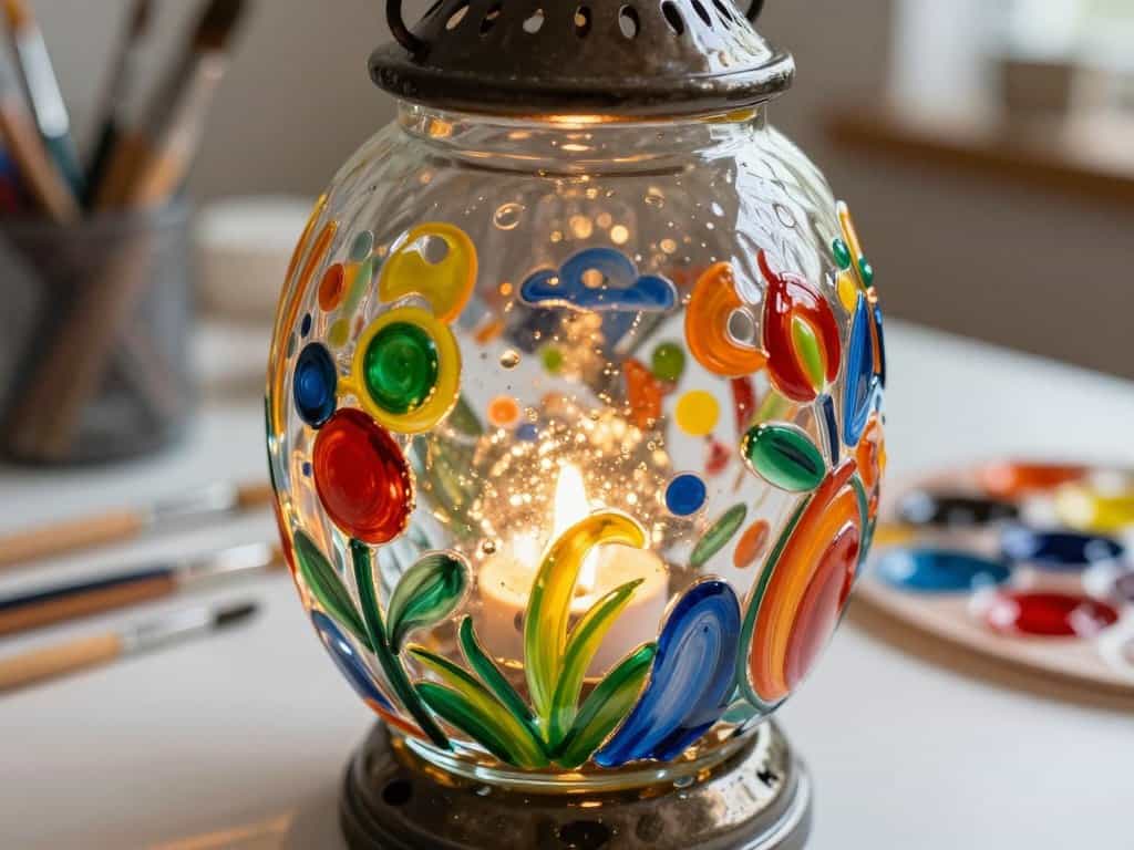Windlicht Glas bemalen mit Glasmalfarben und Acrylfarben – Fixierung