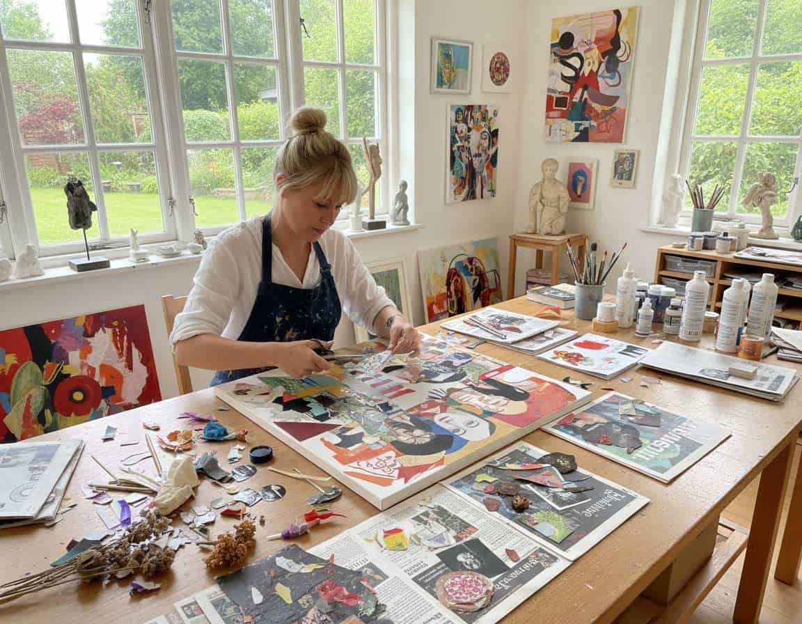 Künstlerin erstellt eine Collage Künstlerin erstellt eine Collage mit verschiedenen Materialien