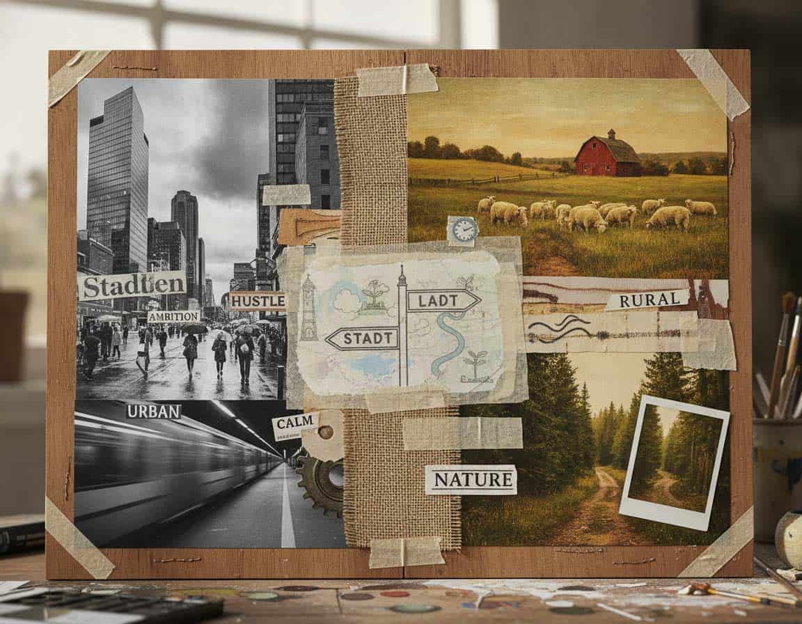 Collage Stadt Land gegenüberstellen mit Farbe und Schwarz Weiß Collage Stadt Land gegenüberstellen mit Farbe und Schwarz Weiß
