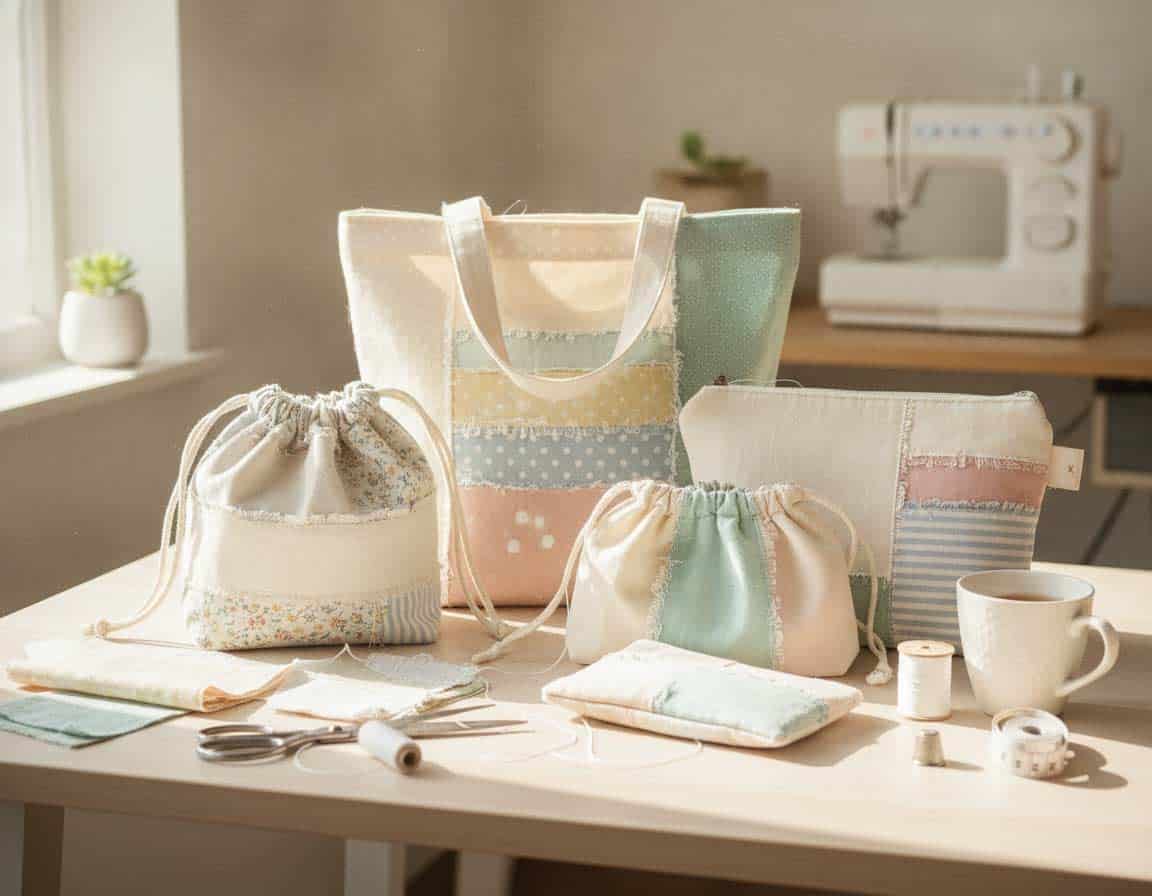 Aus verschiedenen Stoffresten genähte Taschen Aus verschiedenen Stoffresten genähte Taschen