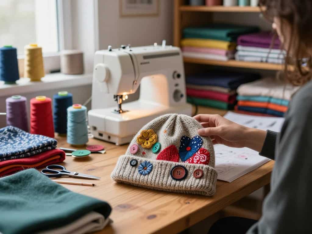 Beanie Mütze mit individuellen Verzierungen – Labels, Bommel, Kontraststreifen